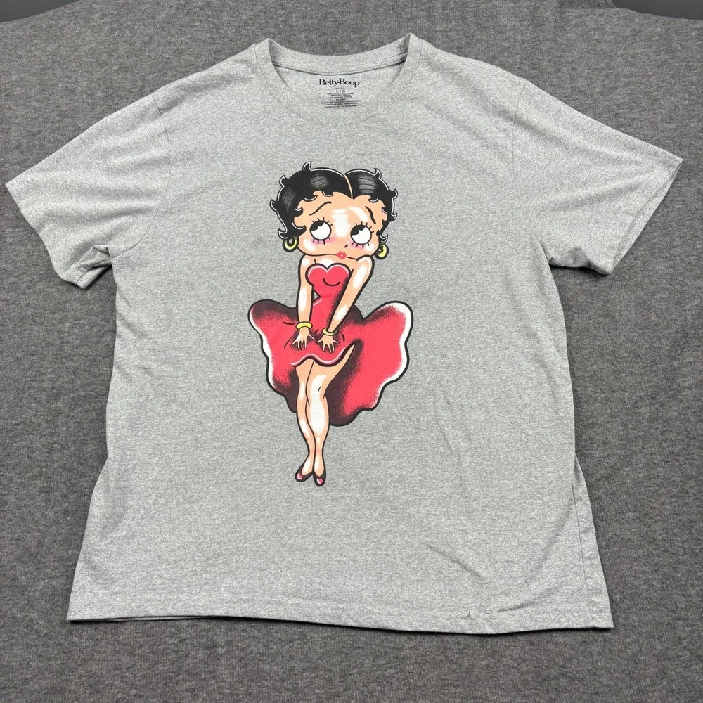 Betty Boop Women L. Gray Graphic T-Shirt Red Dress Cartoon Whimsical Flirty 2024 Betty Boop Women L. Gray Graphic T-Shirt Red Dress Cartoon Whimsical Flirty 2024
